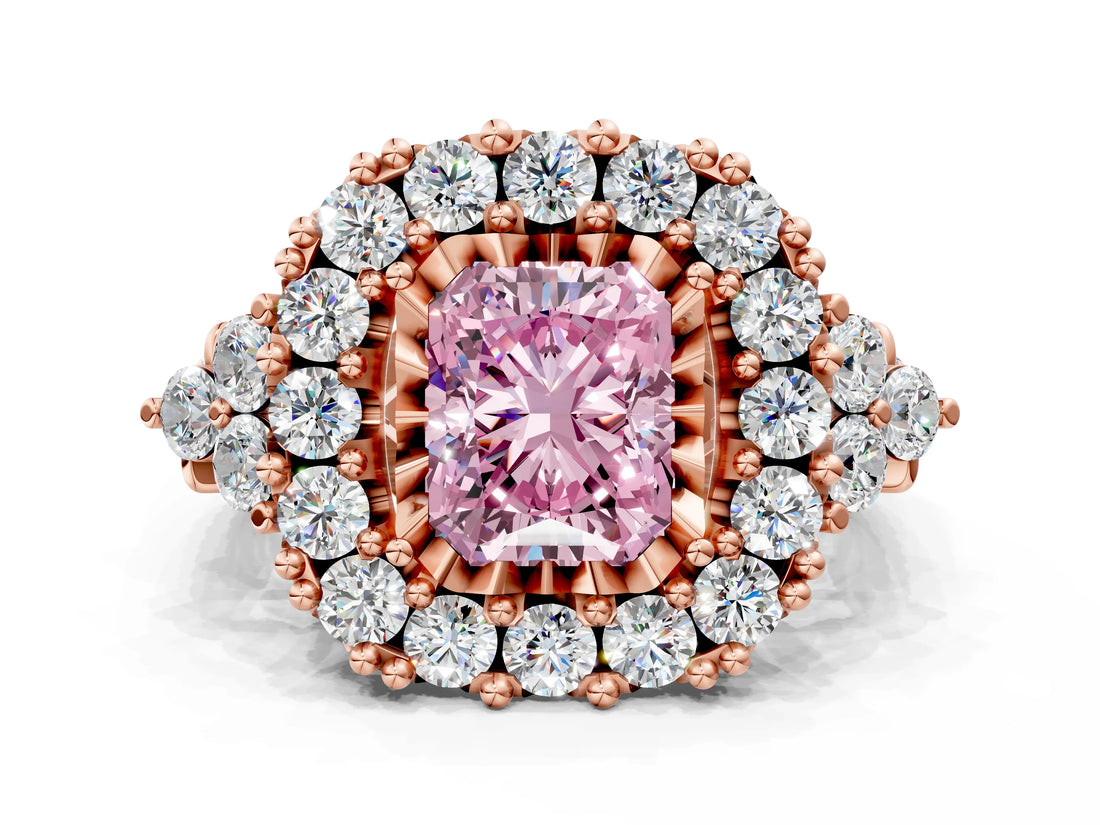 Rose gold Fancy Pink Radiant Cut Diamond Halo Ring with Pavé Band and Four-Prong Setting_41