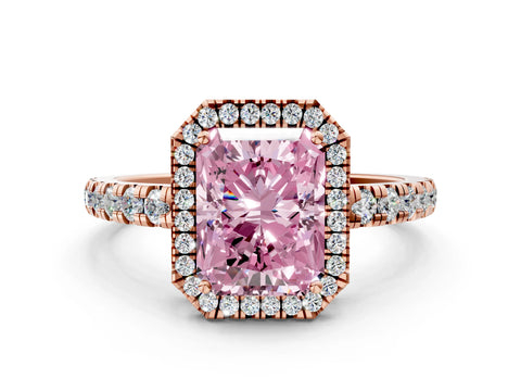 Rose gold Fancy Pink Radiant Cut Diamond Halo Ring with Pavé Band and Four-Prong Setting