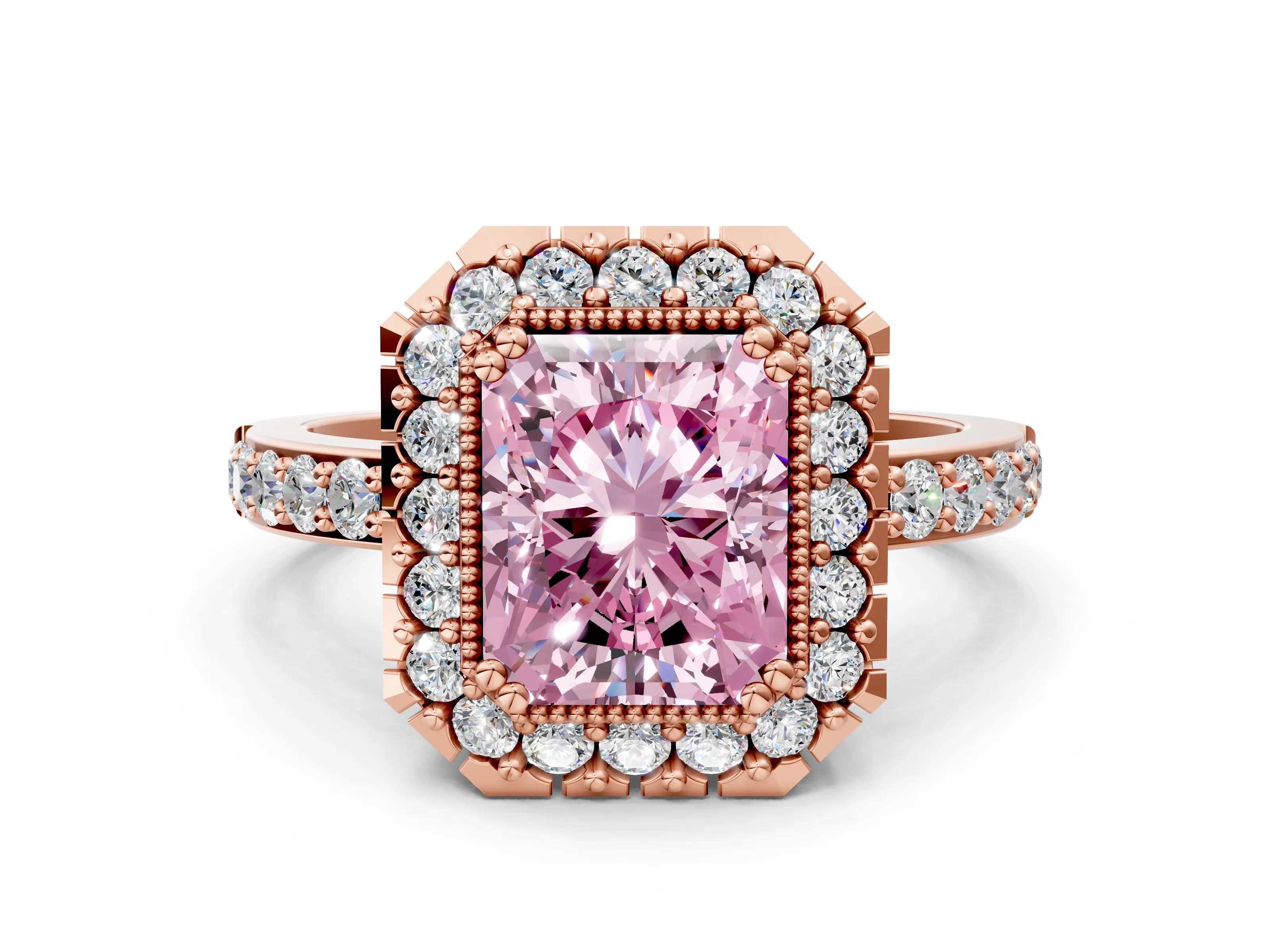 Rose gold Fancy Pink Radiant Cut Diamond Halo Ring with Pavé Band and Prong Setting