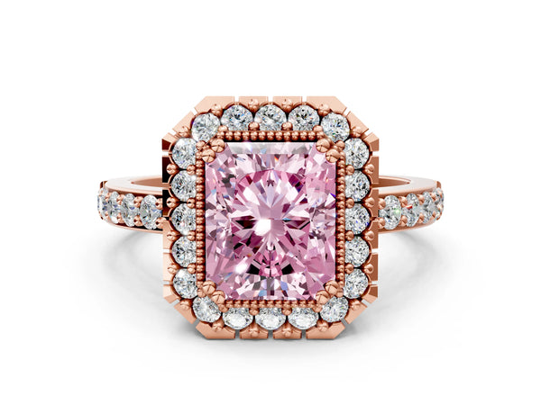 Rose gold Fancy Pink Radiant Cut Diamond Halo Ring with Pavé Band and Prong Setting