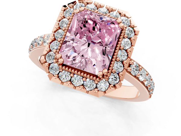 Rose gold Fancy Pink Radiant Cut Diamond Halo Ring with Pavé Band and Prong Setting