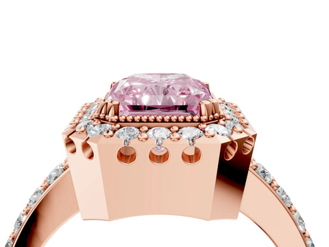 Rose gold Fancy Pink Radiant Cut Diamond Halo Ring with Pavé Band and Prong Setting_4