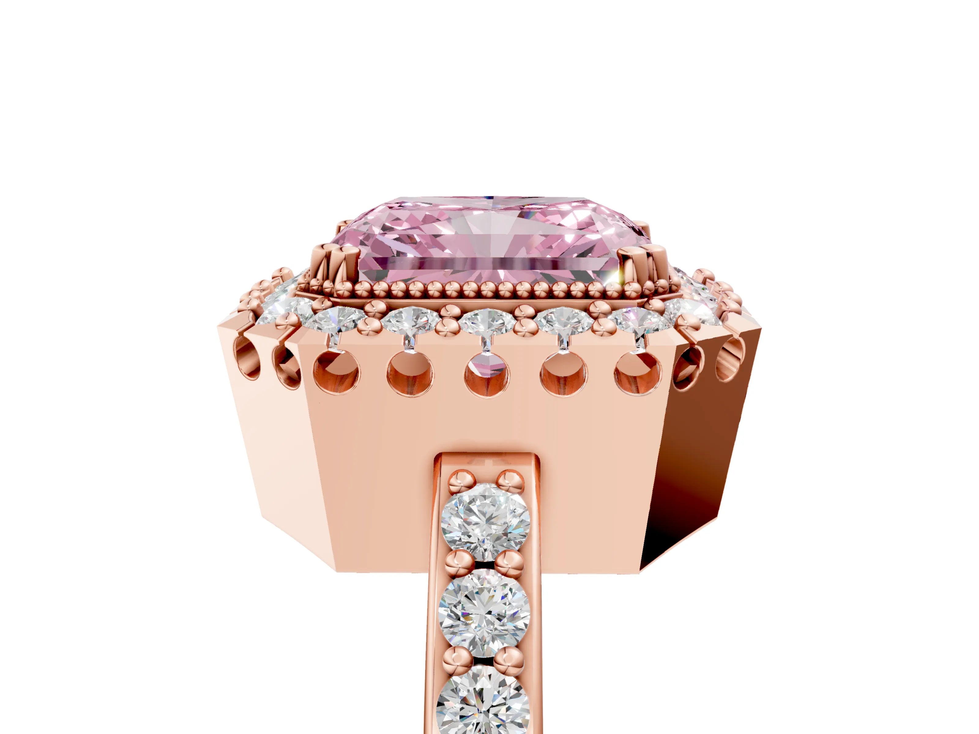 Rose gold Fancy Pink Radiant Cut Diamond Halo Ring with Pavé Band and Prong Setting_5
