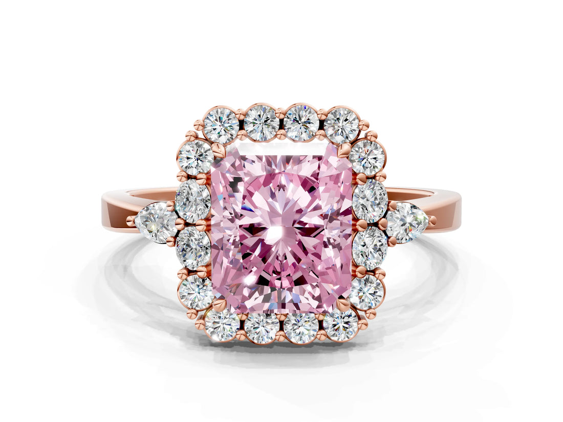 Rose gold Fancy Pink Radiant Cut Diamond Halo Ring with Pear Side Stones and Prong Setting_50