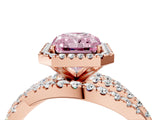 Rose gold Fancy Pink Radiant Cut Diamond Halo Ring with Round Split Shank and Prong Setting_40