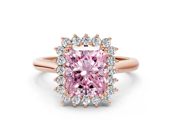 Rose gold Fancy Pink Radiant  Cut Diamond Halo Ring with Solitaire Band and Prong Setting