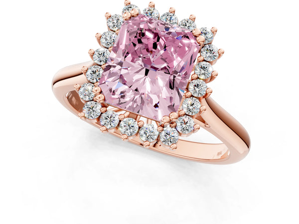 Rose gold Fancy Pink Radiant  Cut Diamond Halo Ring with Solitaire Band and Prong Setting