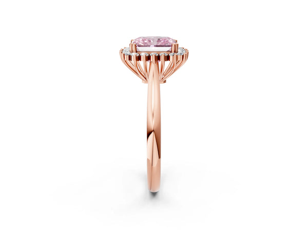 Rose gold Fancy Pink Radiant  Cut Diamond Halo Ring with Solitaire Band and Prong Setting