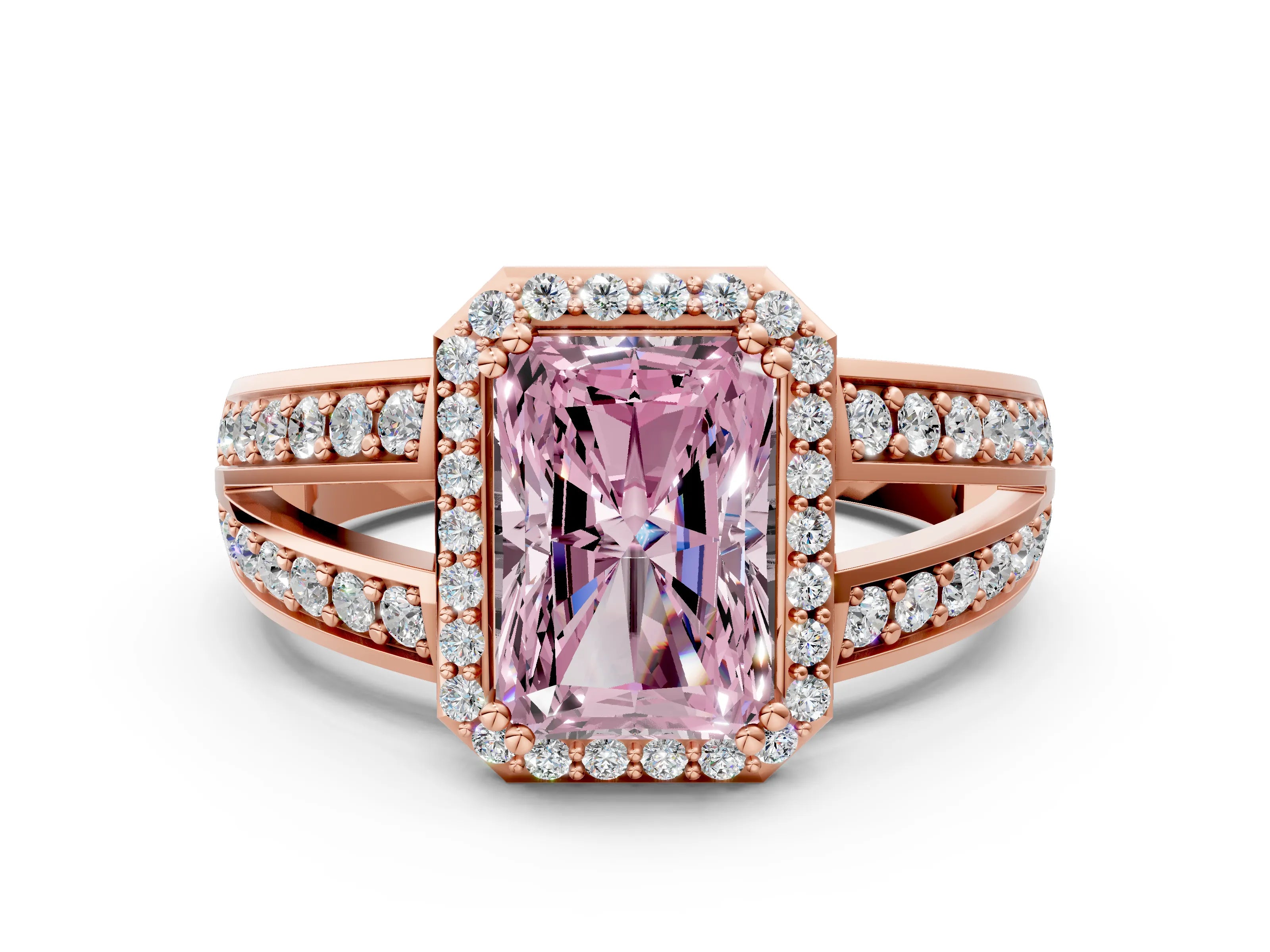 Rose gold Fancy Pink Radiant Cut Diamond Halo Ring with Split Shank Pavé Band and Four-Prong Setting