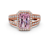 Rose gold Fancy Pink Radiant Cut Diamond Halo Ring with Split Shank Pavé Band and Four-Prong Setting