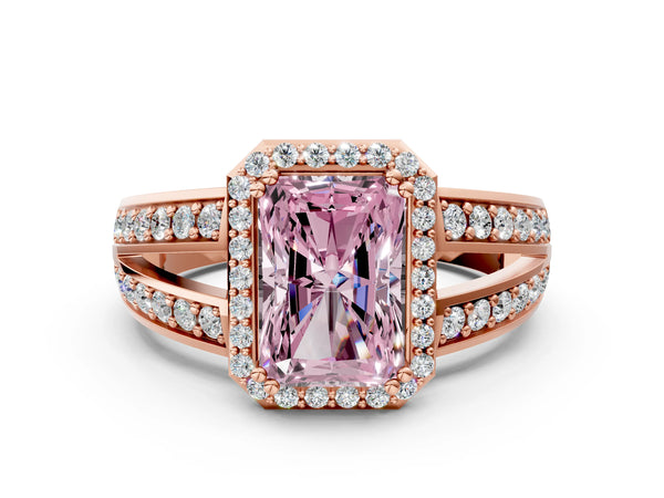 Rose gold Fancy Pink Radiant Cut Diamond Halo Ring with Split Shank Pavé Band and Four-Prong Setting