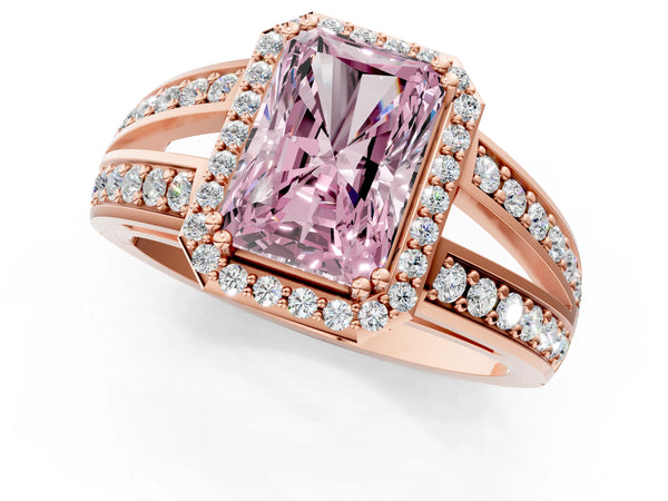Rose gold Fancy Pink Radiant Cut Diamond Halo Ring with Split Shank Pavé Band and Four-Prong Setting