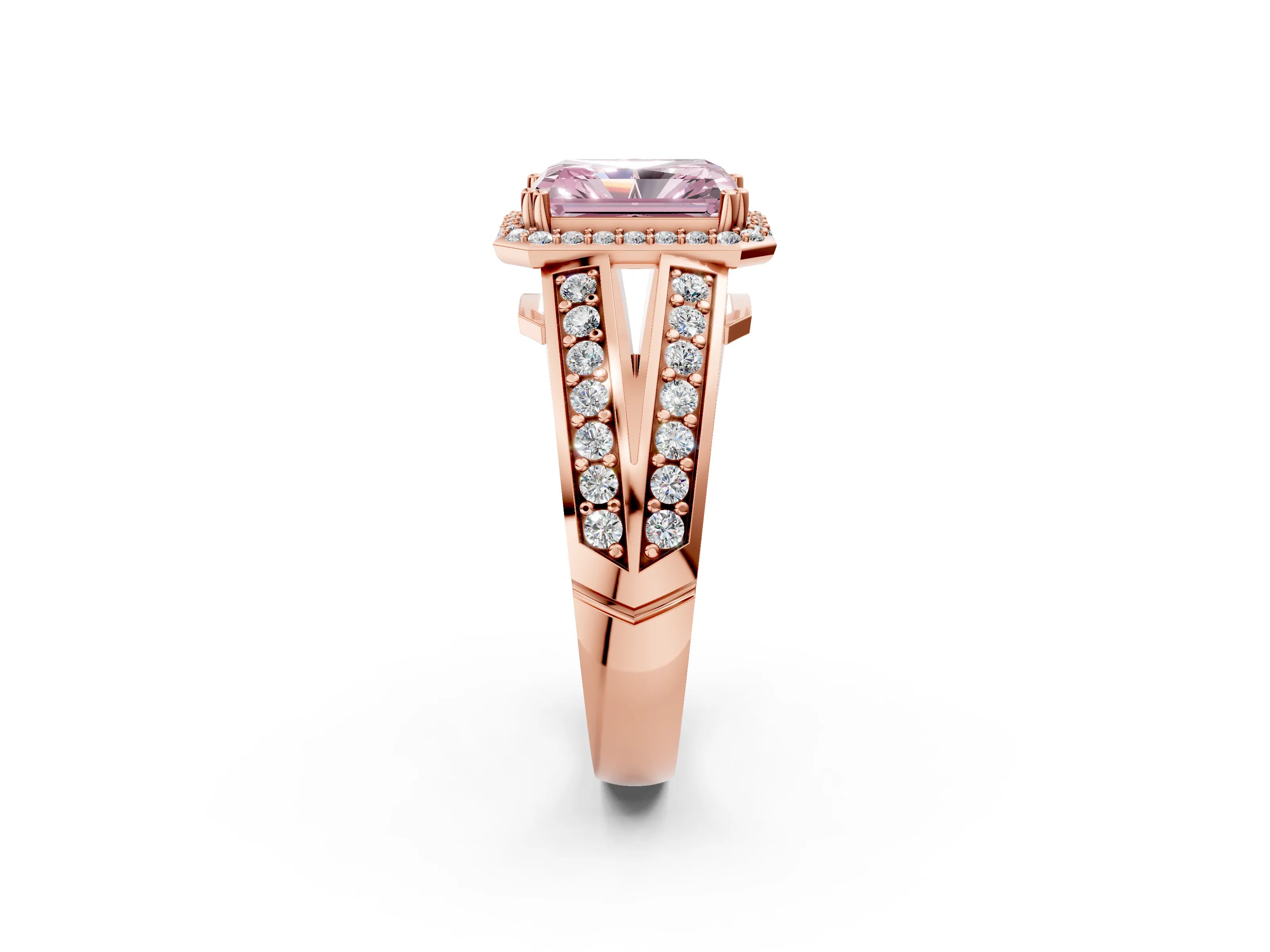 Rose gold Fancy Pink Radiant Cut Diamond Halo Ring with Split Shank Pavé Band and Four-Prong Setting_2