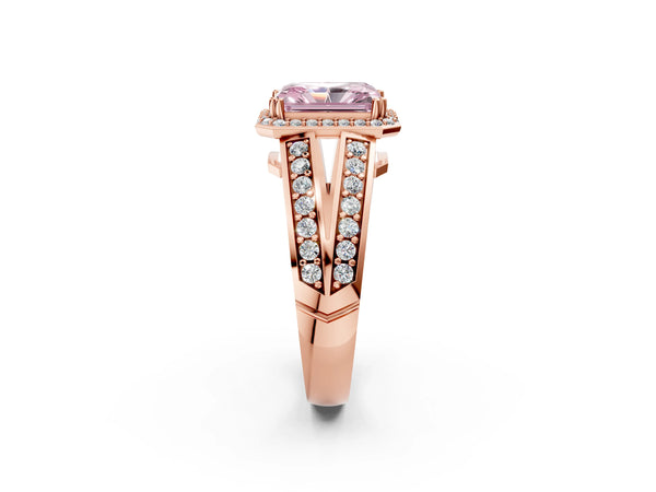 Rose gold Fancy Pink Radiant Cut Diamond Halo Ring with Split Shank Pavé Band and Four-Prong Setting