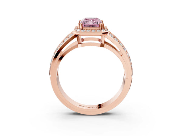 Rose gold Fancy Pink Radiant Cut Diamond Halo Ring with Split Shank Pavé Band and Four-Prong Setting