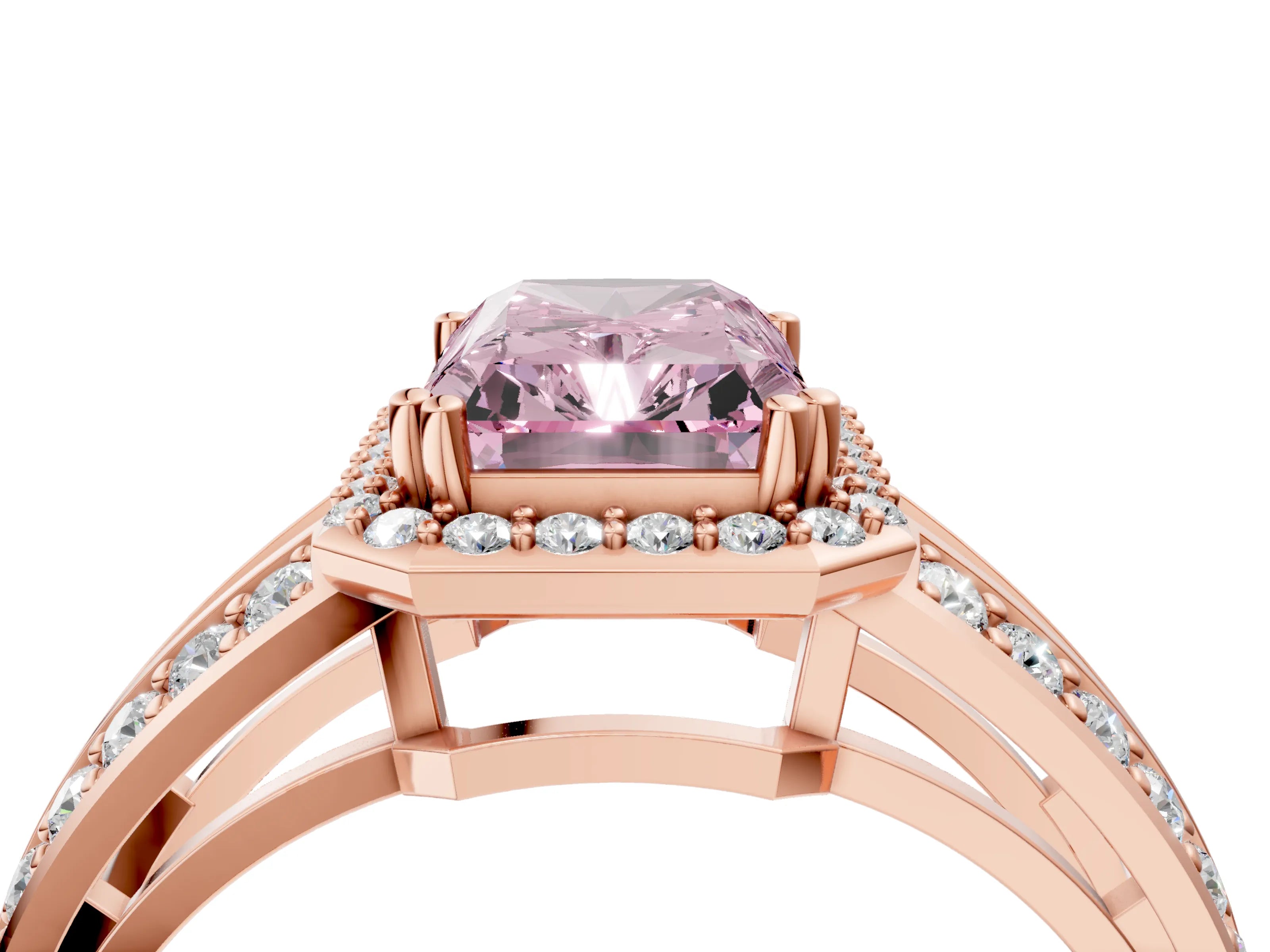Rose gold Fancy Pink Radiant Cut Diamond Halo Ring with Split Shank Pavé Band and Four-Prong Setting_4