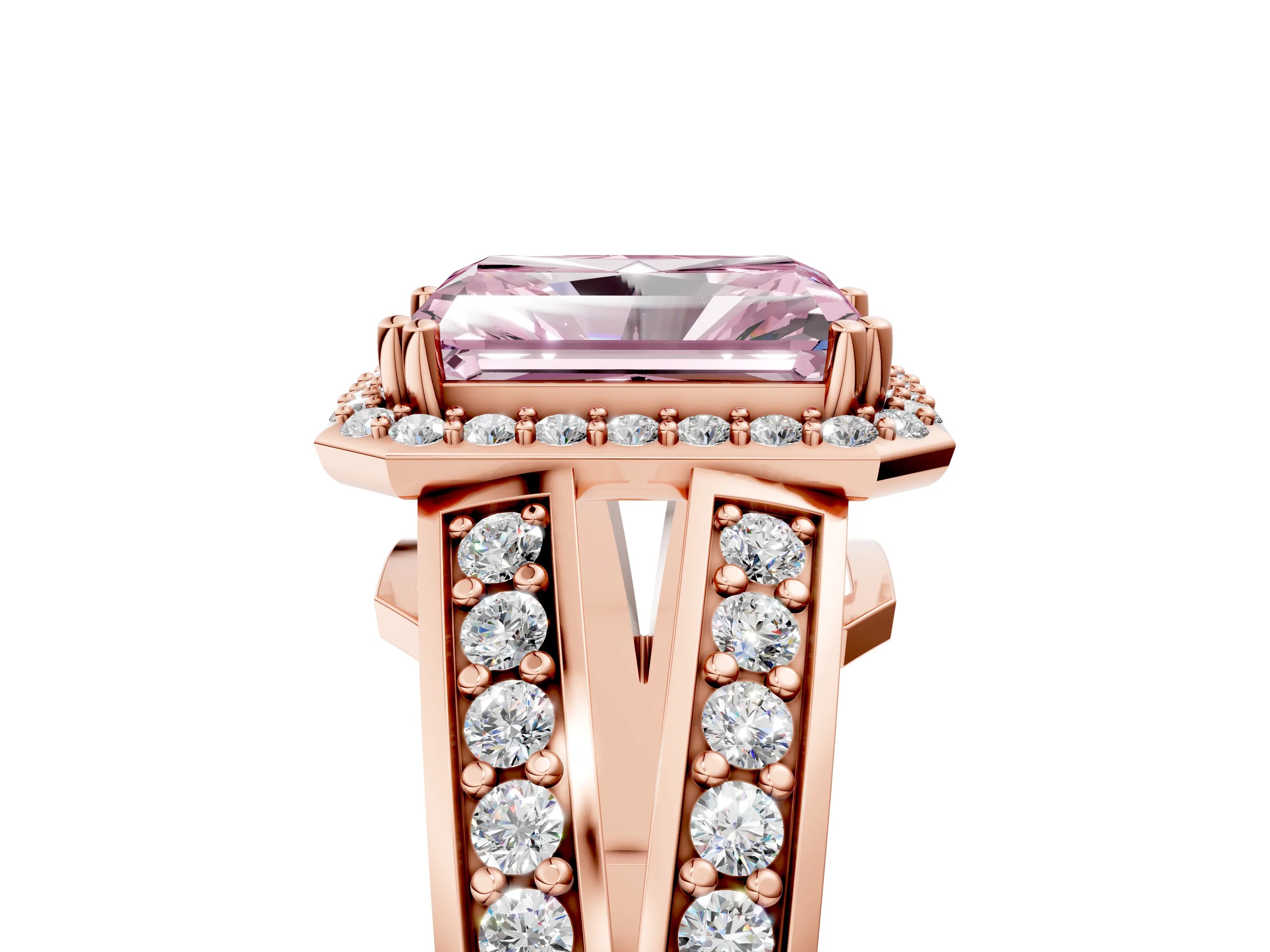 Rose gold Fancy Pink Radiant Cut Diamond Halo Ring with Split Shank Pavé Band and Four-Prong Setting_5
