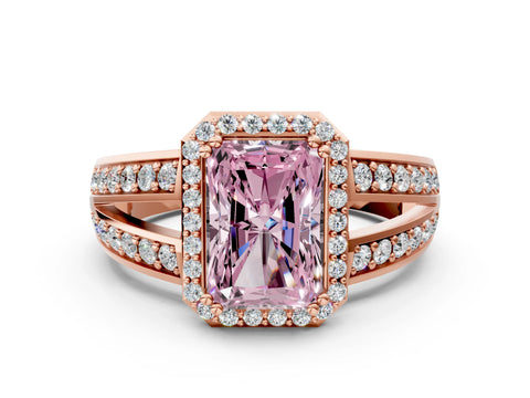 Rose gold Fancy Pink Radiant Cut Diamond Halo Ring with Split Shank Pavé Band and Four-Prong Setting