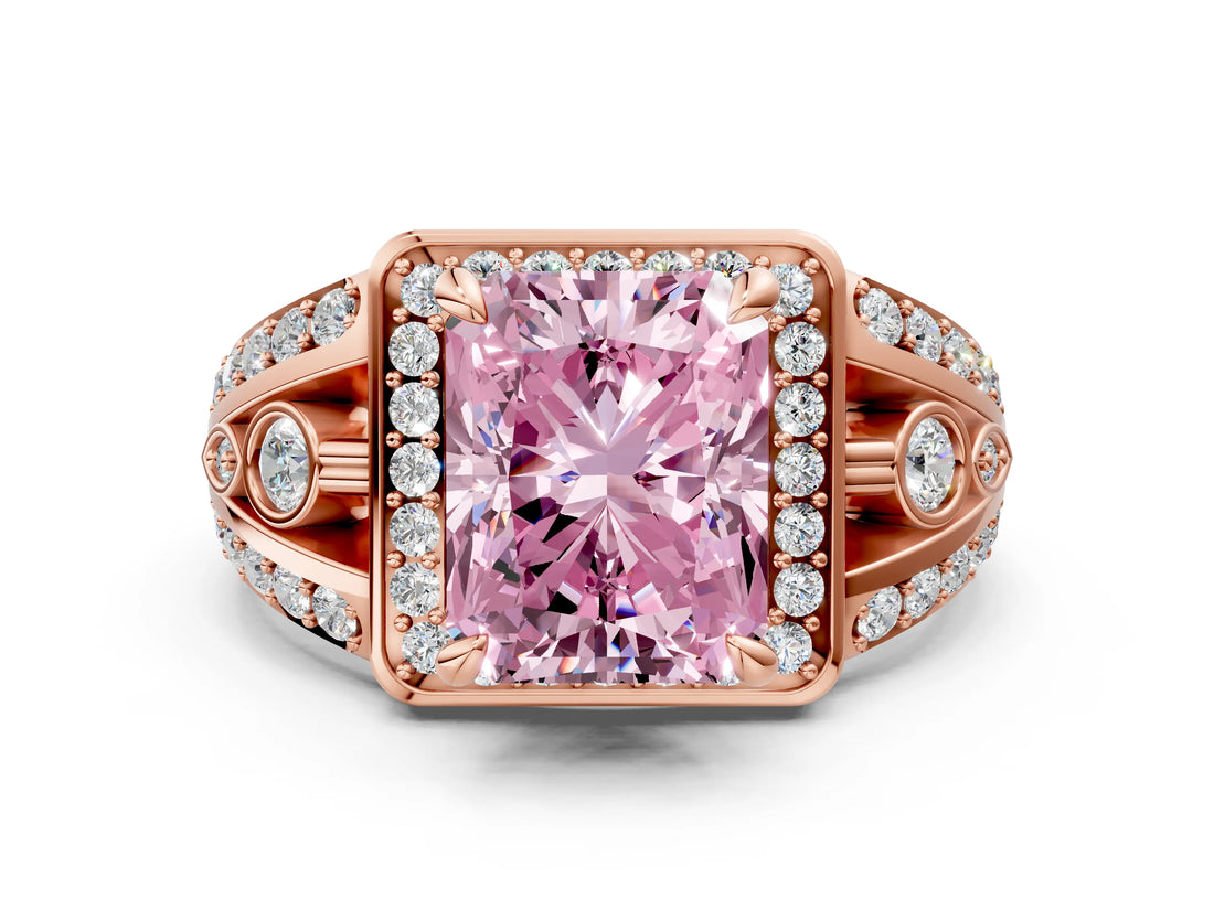 Rose gold Fancy Pink Radiant Cut Diamond Halo Ring with Split Shank and Bezel Accents and Four-Prong Setting