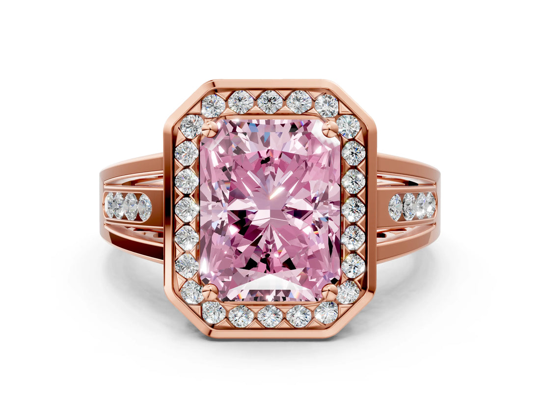 Rose gold Fancy Pink Radiant Cut Diamond Halo Ring with Split Shank and Bezel Accents and Prong Setting