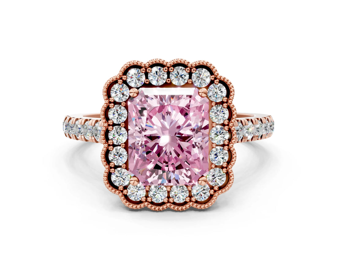 Rose gold Fancy Pink Radiant  Cut Diamond Milgrain Floral Halo Engagement Ring with Pavé Band_15
