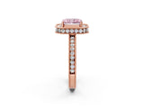 Rose gold Fancy Pink Radiant Cut Diamond Milgrain Halo Engagement Ring with Round Pavé Band and Prong Setting_26