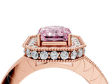 Rose gold Fancy Pink Radiant Cut Diamond Milgrain Halo Engagement Ring with Round Pavé Band and Prong Setting_28