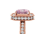 Rose gold Fancy Pink Radiant Cut Diamond Milgrain Halo Engagement Ring with Round Pavé Band and Prong Setting_29