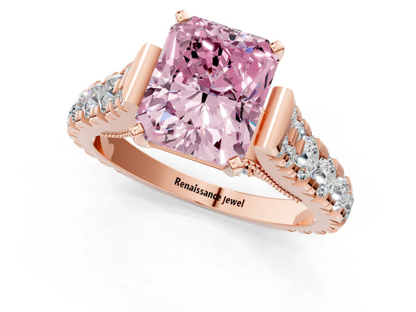 Rose gold Fancy Pink Radiant Cut Diamond Classic Solitaire Ring with Pavé Band and Four-Prong Setting
