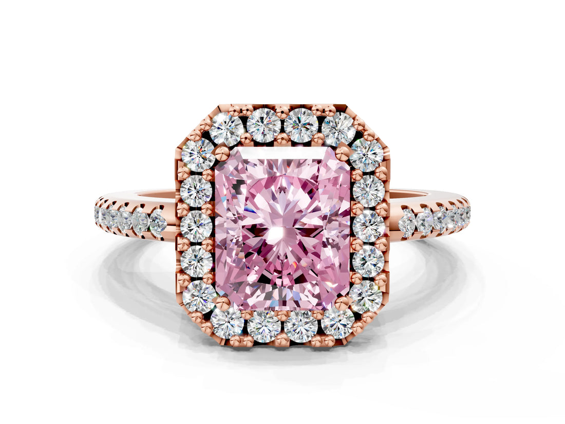 Rose gold Fancy Pink Radiant Cut Diamond Pavé Halo Ring with Four-Prong Setting_36