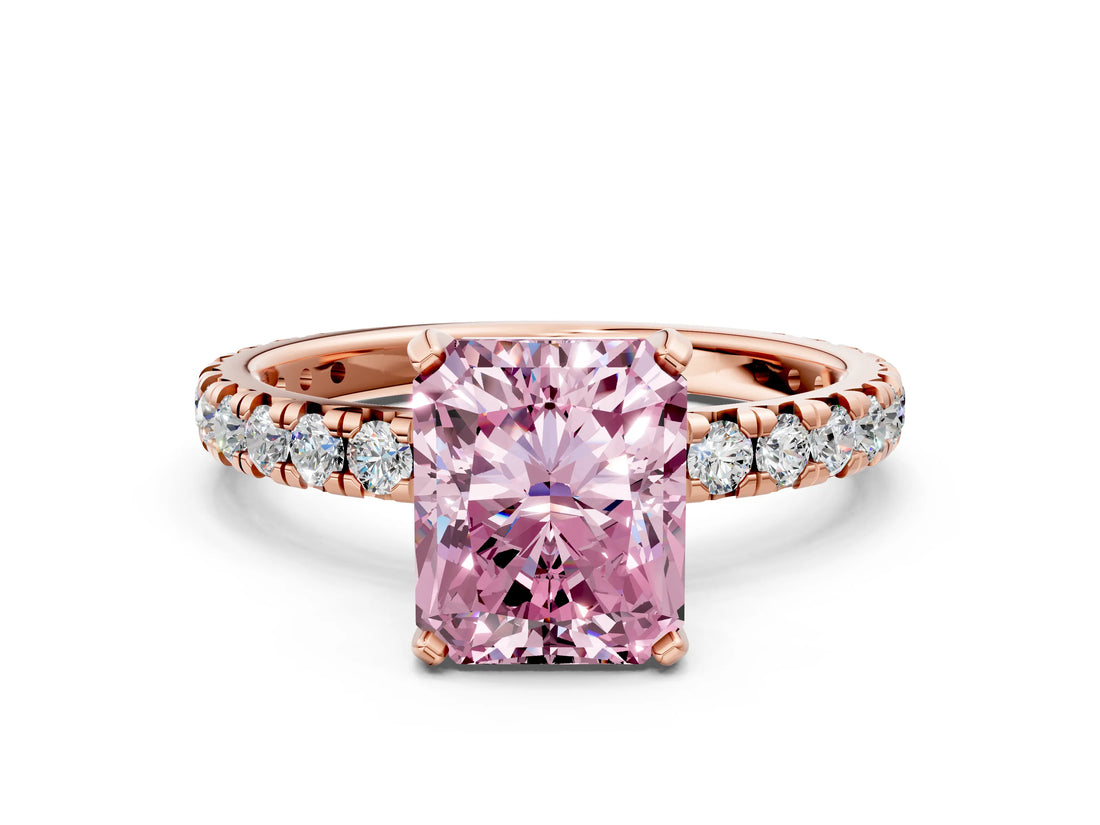 Rose gold Fancy Pink Radiant Cut Diamond Pavé Solitaire Ring with Round Band and Prong Setting_12