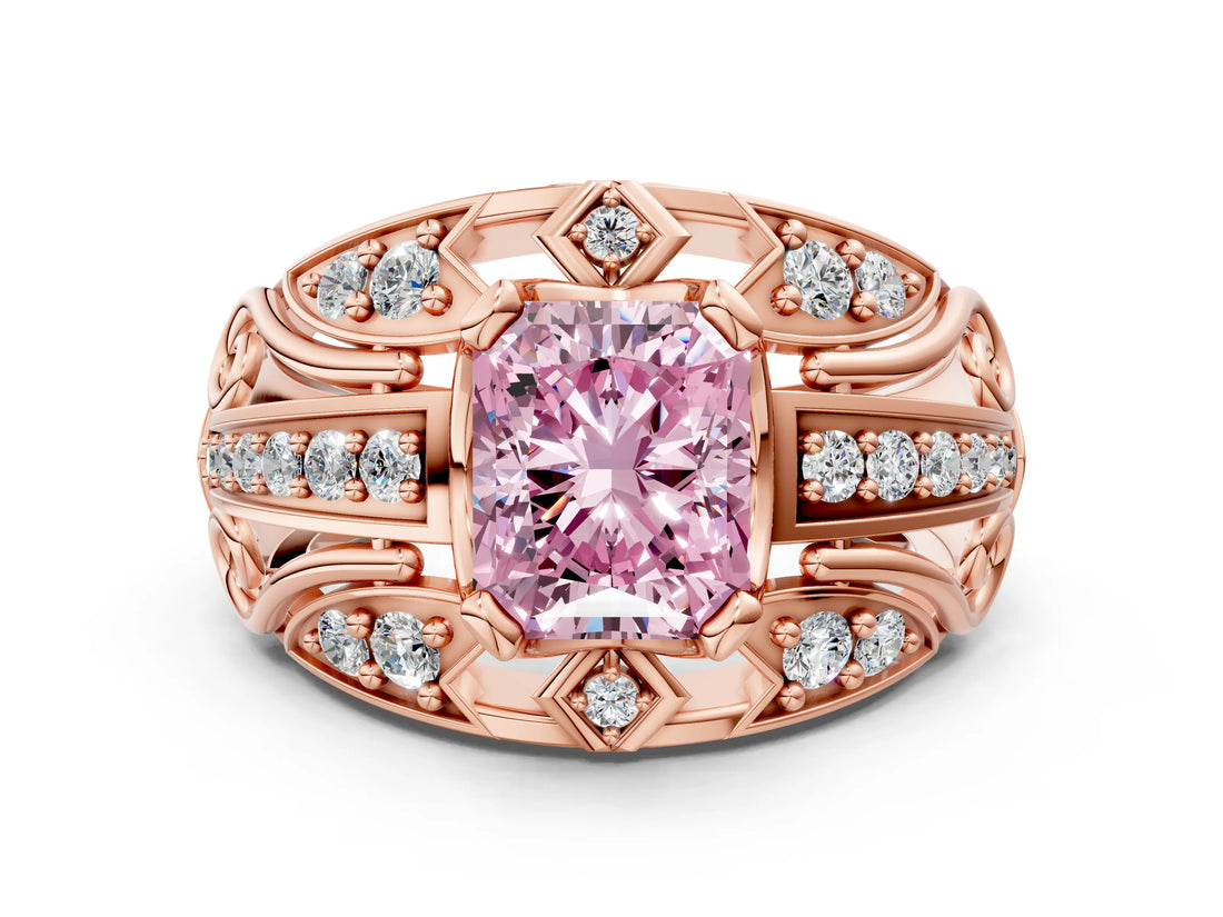 Rose gold Fancy Pink Radiant Cut Diamond Pave Art Deco Split Shank Ring with Four-Prong Setting