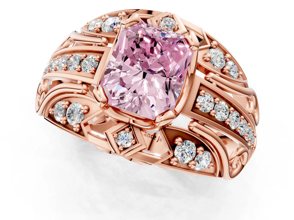 Rose gold Fancy Pink Radiant Cut Diamond Pave Art Deco Split Shank Ring with Four-Prong Setting