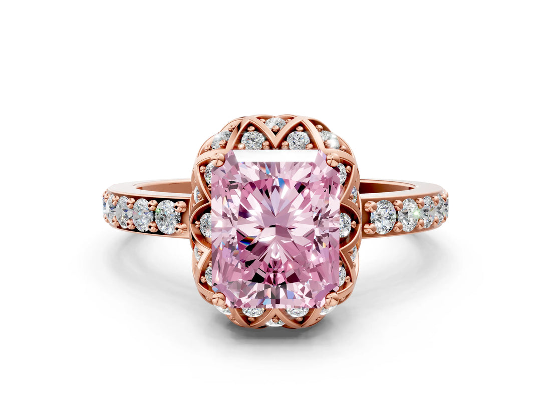 Rose gold Fancy Pink Radiant Cut Diamond Scalloped Halo Engagement Ring with Round Shared Prong Band_10