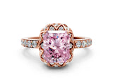 Rose gold Fancy Pink Radiant Cut Diamond Scalloped Halo Engagement Ring with Round Shared Prong Band_10