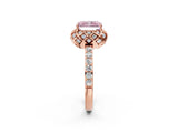 Rose gold Fancy Pink Radiant Cut Diamond Scalloped Halo Engagement Ring with Round Shared Prong Band_12