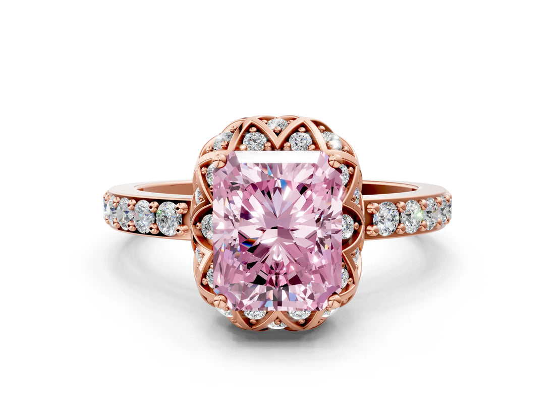 Rose gold Fancy Pink Radiant Cut Diamond Scalloped Halo Engagement Ring with Round Shared Prong Band_22