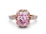 Rose gold Fancy Pink Radiant Cut Diamond Scalloped Halo Engagement Ring with Round Shared Prong Band_22