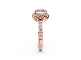 Rose gold Fancy Pink Radiant Cut Diamond Scalloped Halo Engagement Ring with Round Shared Prong Band_24