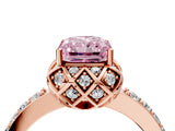 Rose gold Fancy Pink Radiant Cut Diamond Scalloped Halo Engagement Ring with Round Shared Prong Band_26
