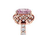 Rose gold Fancy Pink Radiant Cut Diamond Scalloped Halo Engagement Ring with Round Shared Prong Band_27