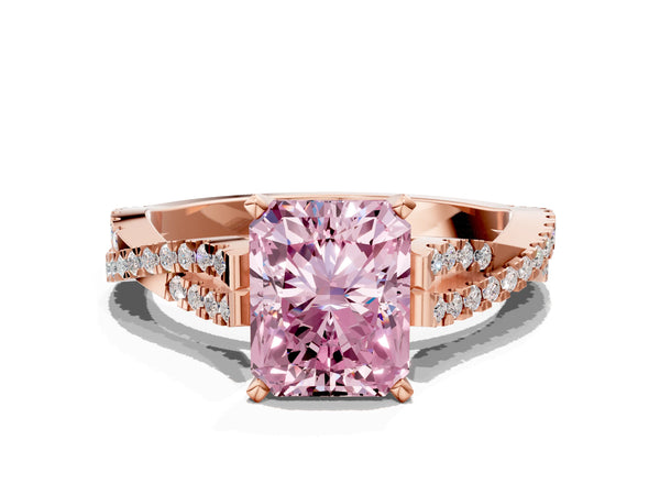 Rose gold Fancy Pink Radiant Cut Diamond Solitaire Engagement Ring with Twisted Pavé Band and Four-Prong Setting