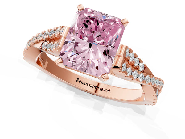 Rose gold Fancy Pink Radiant Cut Diamond Solitaire Engagement Ring with Twisted Pavé Band and Four-Prong Setting