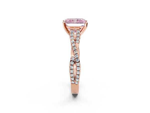 Rose gold Fancy Pink Radiant Cut Diamond Solitaire Engagement Ring with Twisted Pavé Band and Four-Prong Setting