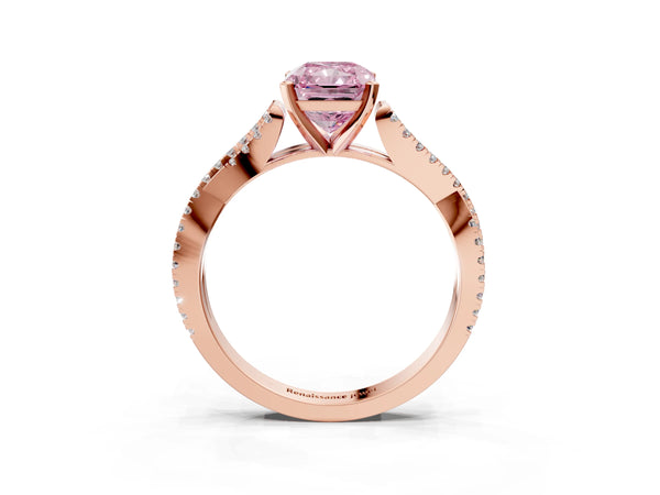 Rose gold Fancy Pink Radiant Cut Diamond Solitaire Engagement Ring with Twisted Pavé Band and Four-Prong Setting