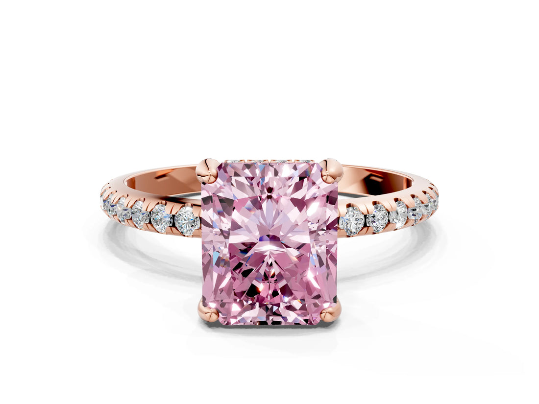 Rose gold Fancy Pink Radiant Cut Diamond Solitaire Ring with Four-Prong Setting and Pavé Band_3