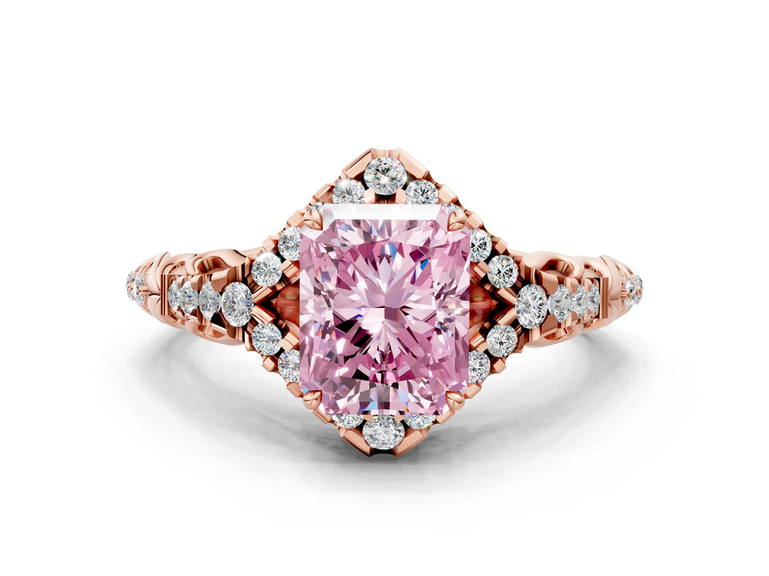 Rose gold Fancy Pink Radiant Cut Diamond Solitaire Ring with Hidden Halo and Pavé Band_27