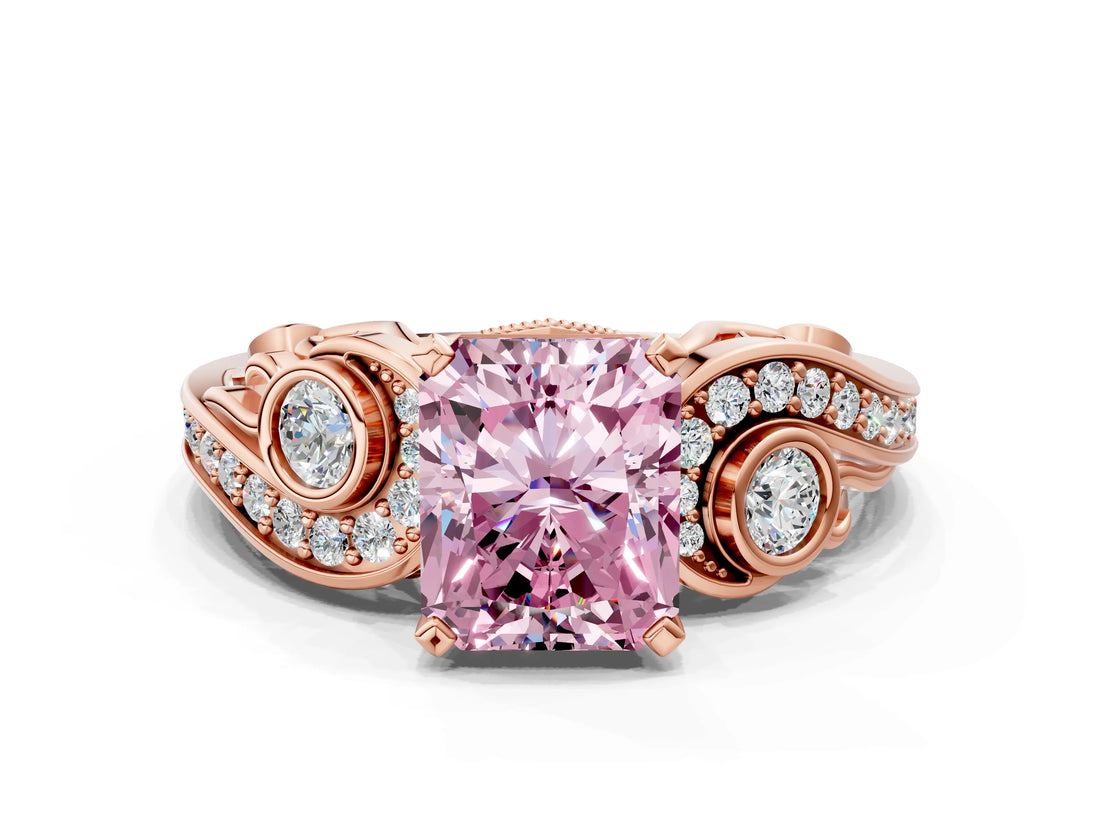 Rose gold Fancy Pink Radiant Cut Diamond Solitaire Ring with Milgrain Pavé Band and Four-Prong Setting_153