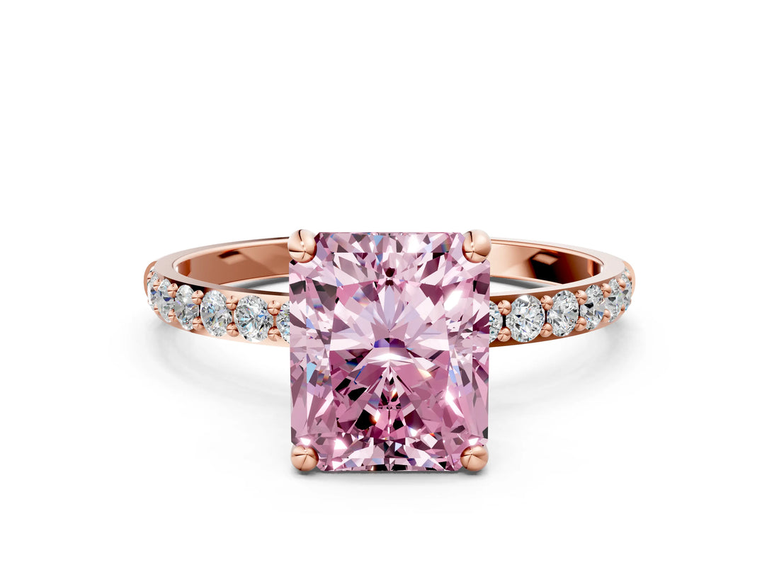 Rose gold Fancy Pink Radiant Cut Diamond Solitaire Ring with Pave Band and Four Prong Setting_107