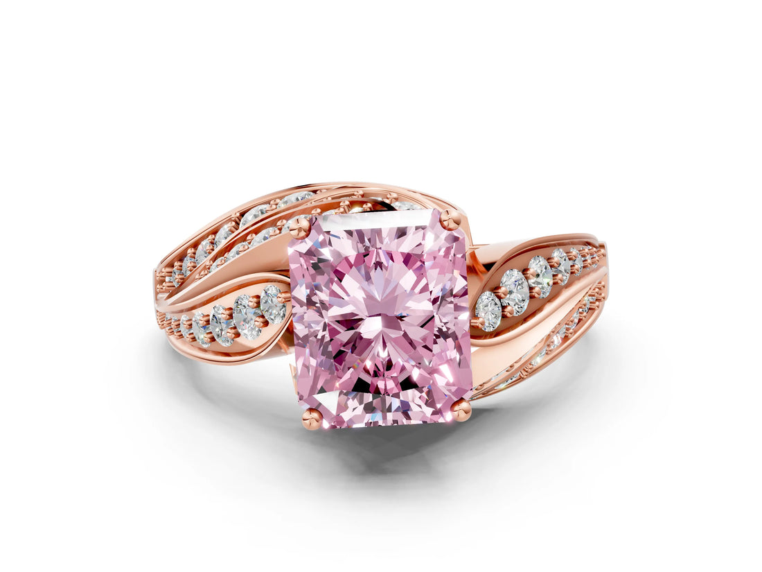 Rose gold Fancy Pink Radiant Cut Diamond Solitaire Ring with Prong Setting and Twisted Pavé Band